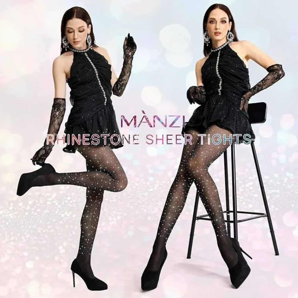 MANZI Rhinestone Sheer Tights Sparkle Shimmer Pantyhose Black Small-Medium 2PK